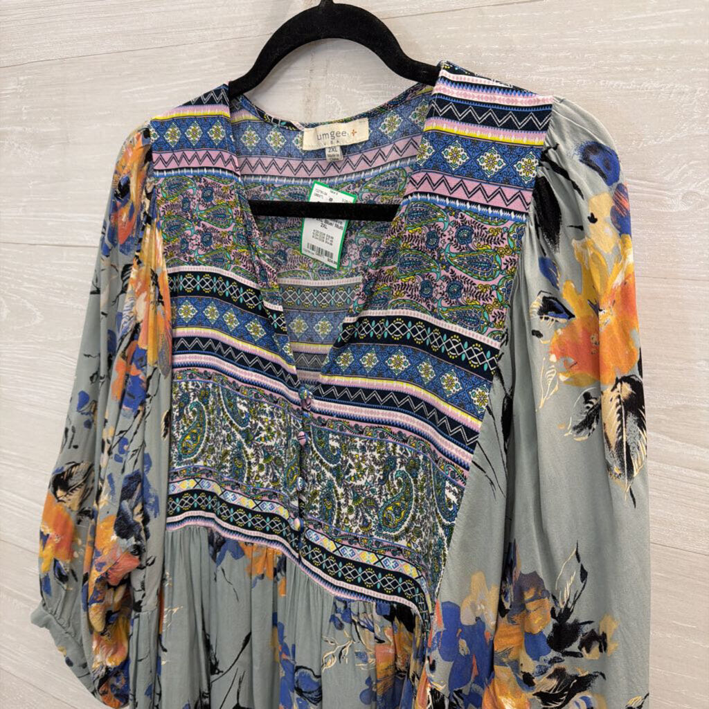 Umgee Blue/ Multi Print Puff Sleeve Top 2XL