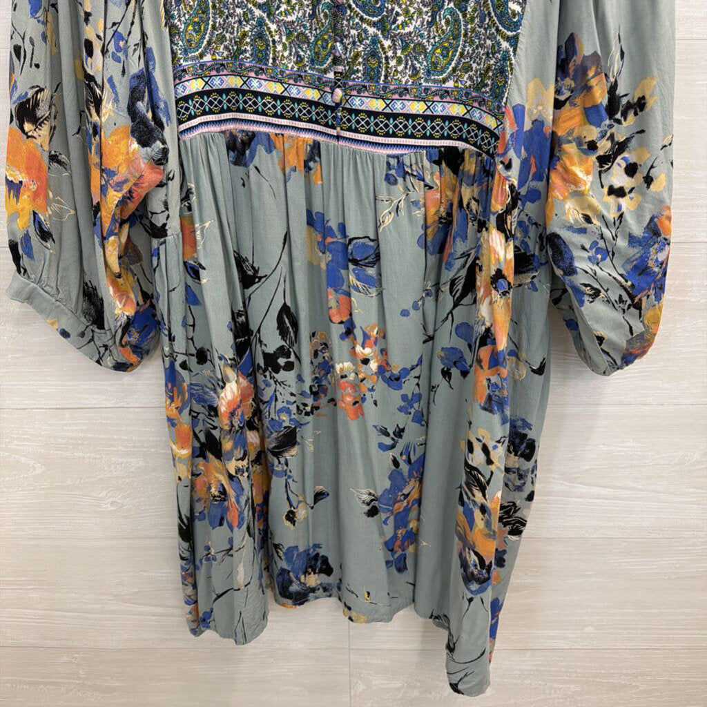 Umgee Blue/ Multi Print Puff Sleeve Top 2XL