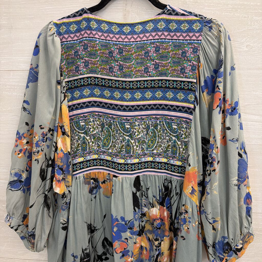 Umgee Blue/ Multi Print Puff Sleeve Top 2XL