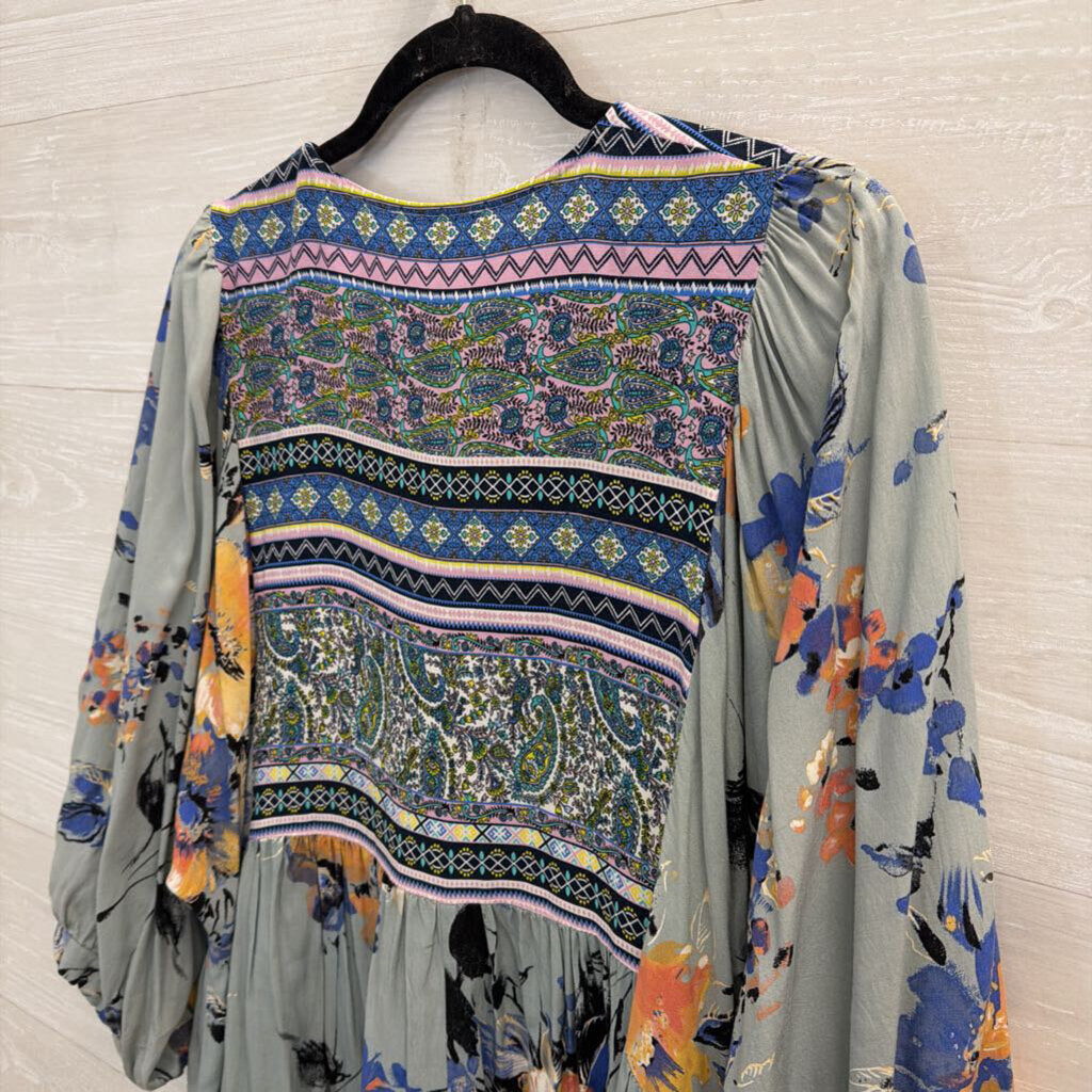 Umgee Blue/ Multi Print Puff Sleeve Top 2XL