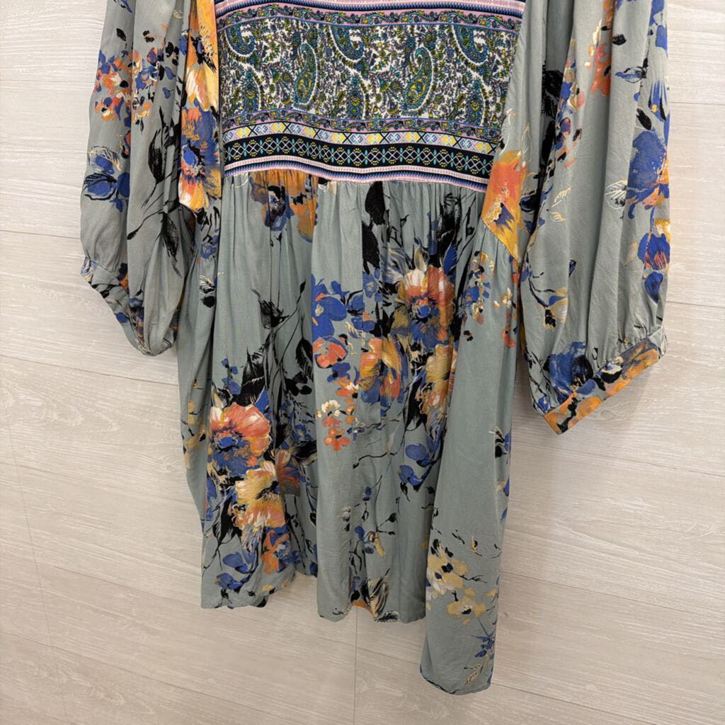 Umgee Blue/ Multi Print Puff Sleeve Top 2XL