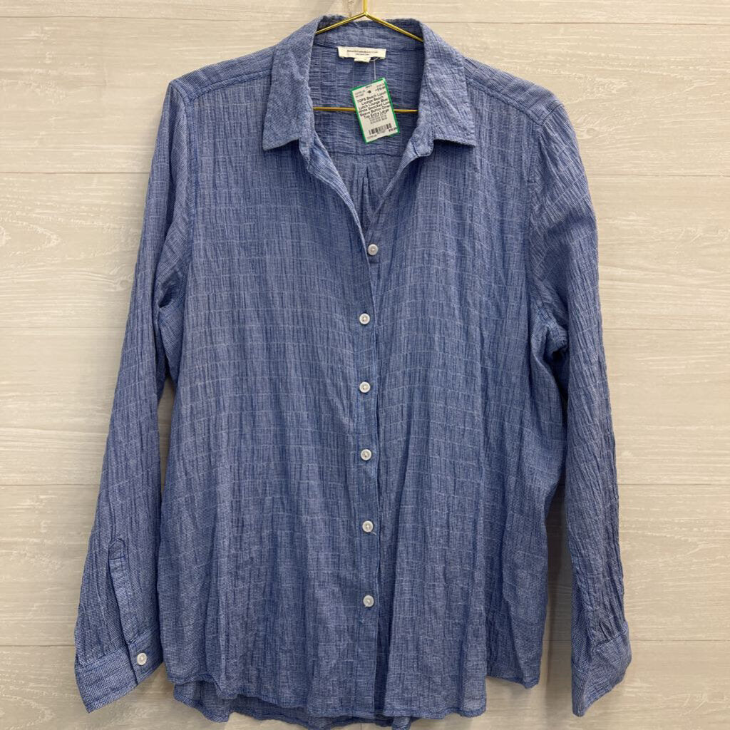 Beach Lunch Lounge Blue/ White Smocked Long Sleeve Button Down Top Extra Large