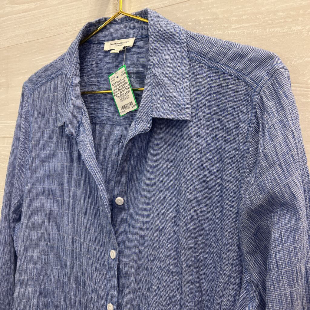 Beach Lunch Lounge Blue/ White Smocked Long Sleeve Button Down Top Extra Large