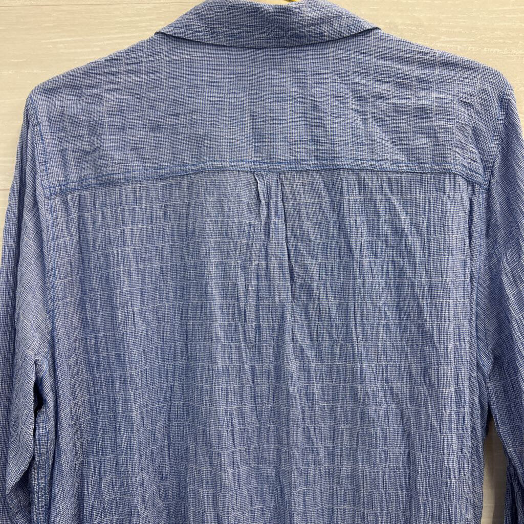 Beach Lunch Lounge Blue/ White Smocked Long Sleeve Button Down Top Extra Large