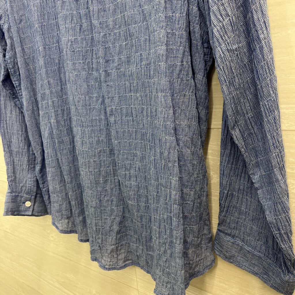 Beach Lunch Lounge Blue/ White Smocked Long Sleeve Button Down Top Extra Large