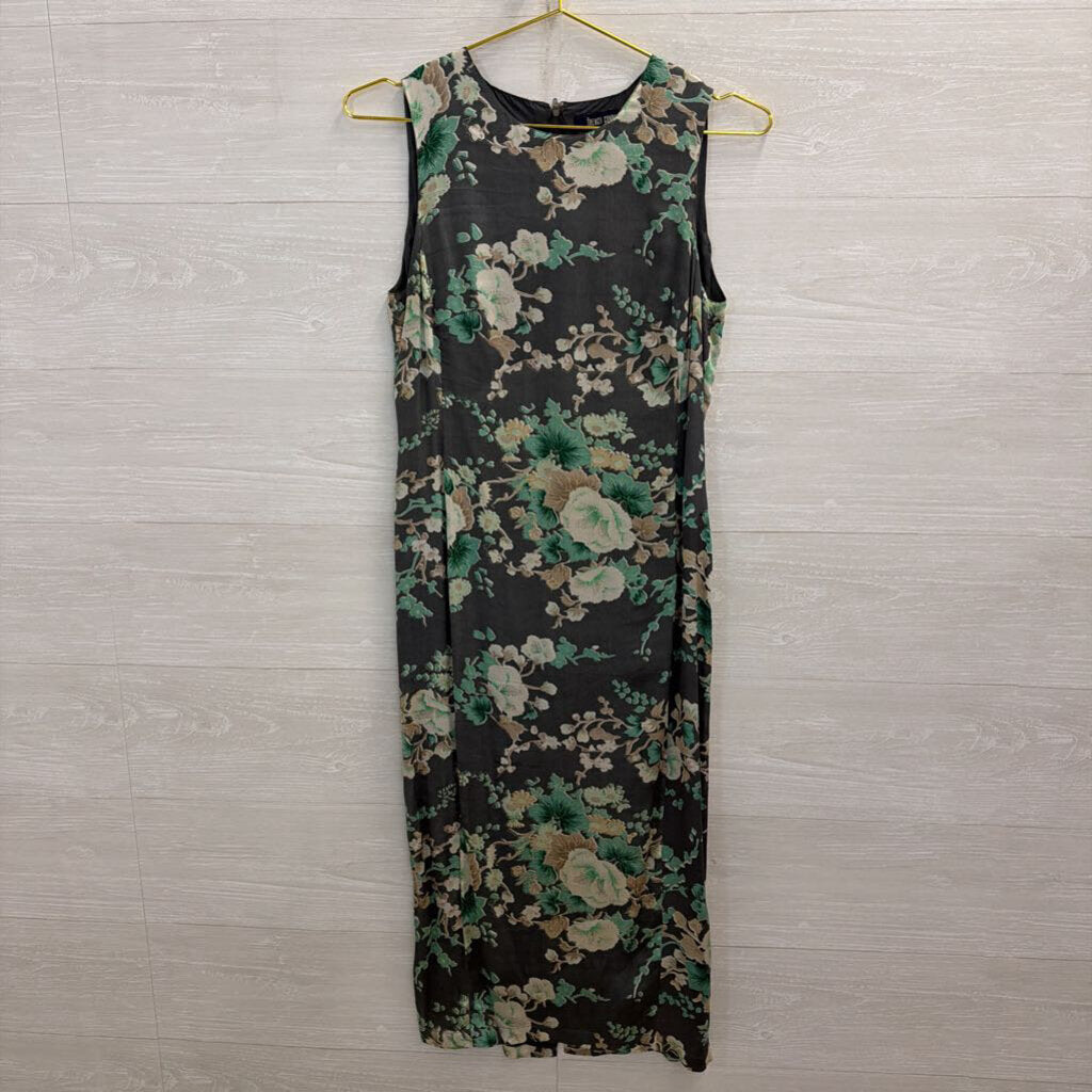 French Connection Blue/ Multi Floral Print 100% Silk Sleeveless Midi Dress 6