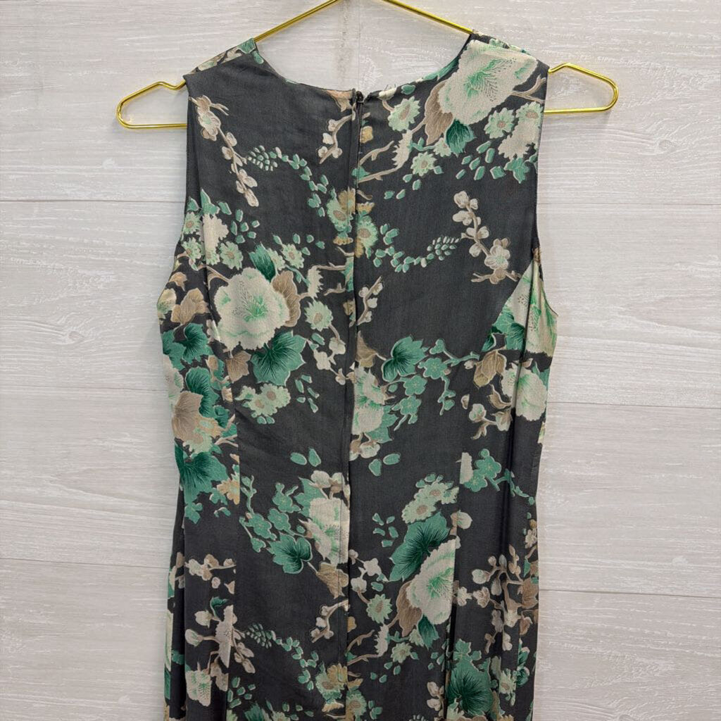 French Connection Blue/ Multi Floral Print 100% Silk Sleeveless Midi Dress 6