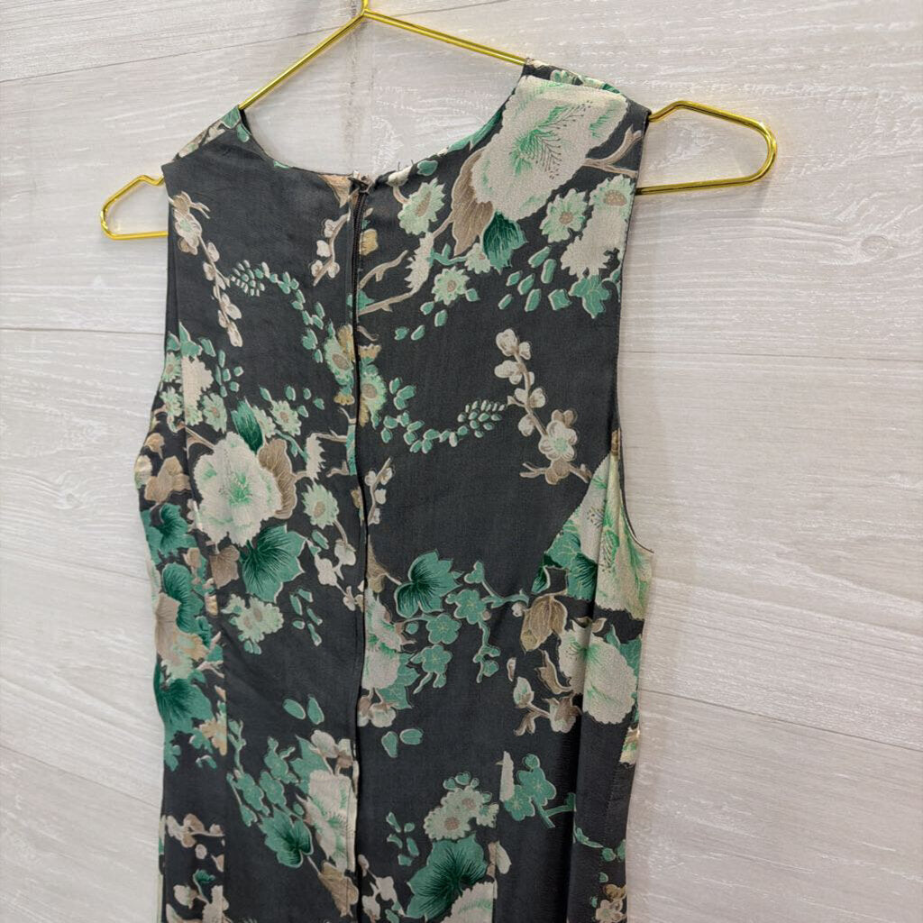 French Connection Blue/ Multi Floral Print 100% Silk Sleeveless Midi Dress 6
