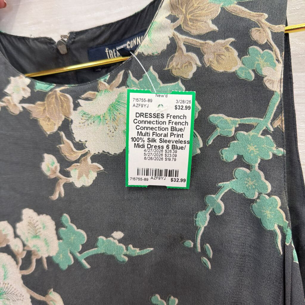 French Connection Blue/ Multi Floral Print 100% Silk Sleeveless Midi Dress 6
