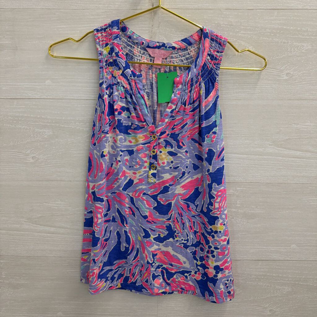 Lilly Pulitzer Blue/ Multi Print Henley Tank Top XXS