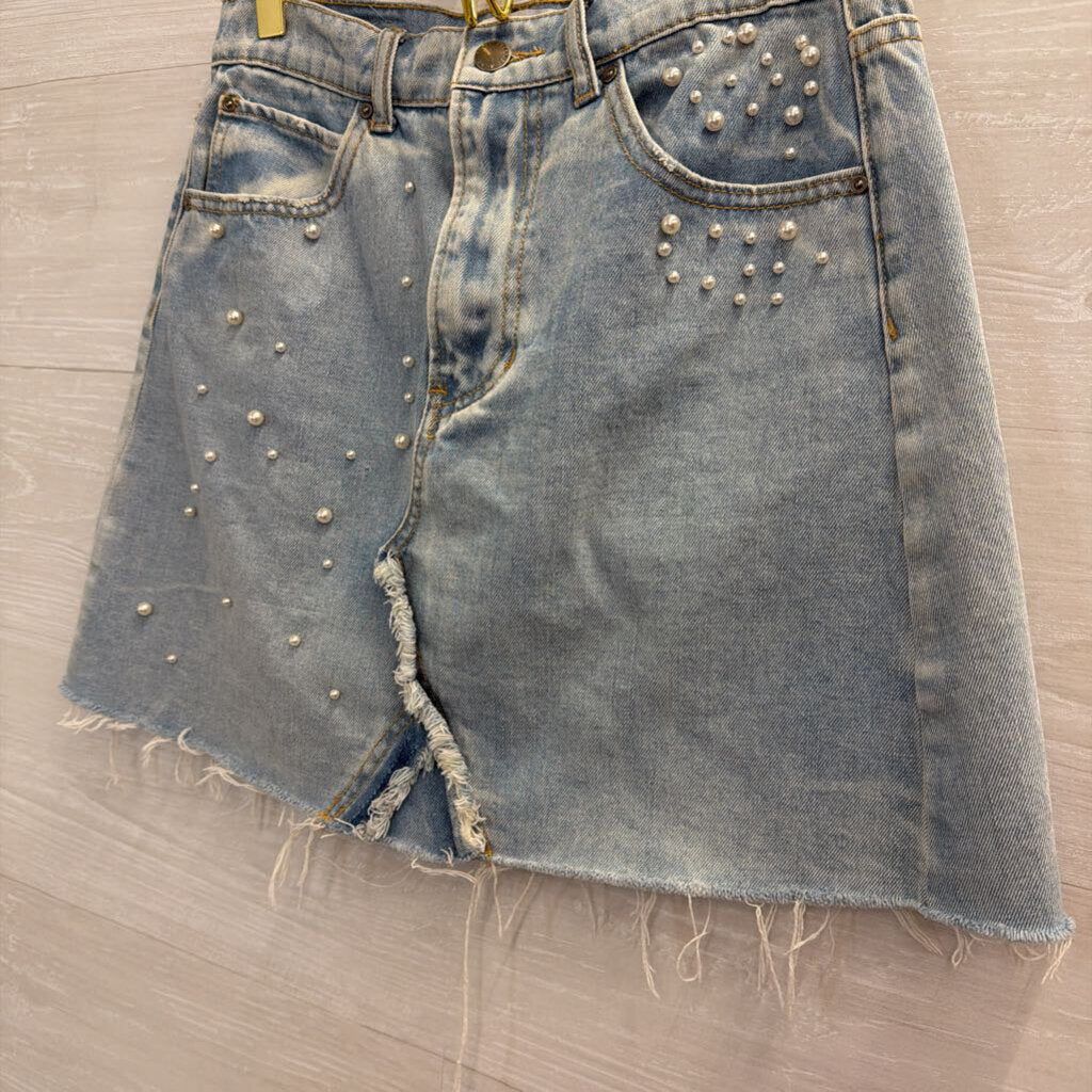 Velvet Heart Denim Light Wash Pearl Studded Skirt 27