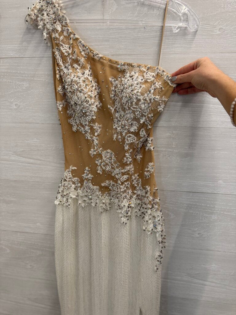 Sherri Hill White Liquied Beaded Lace Detail One Shoulder Long Formal Dress 6