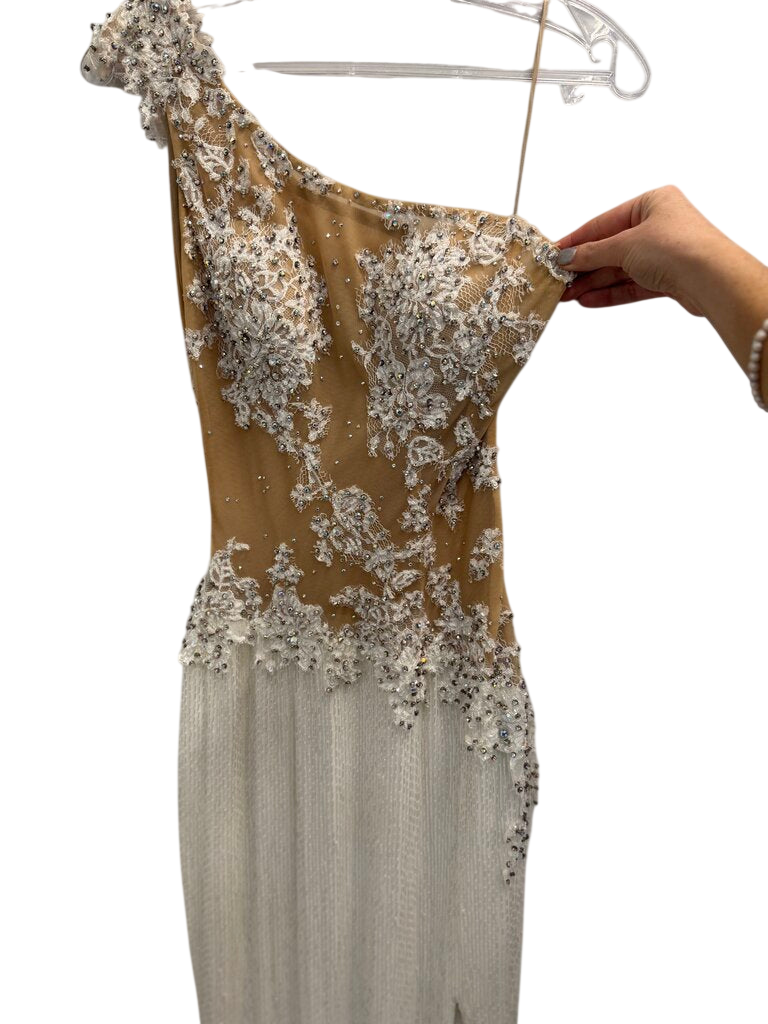 Sherri Hill White Liquied Beaded Lace Detail One Shoulder Long Formal Dress 6