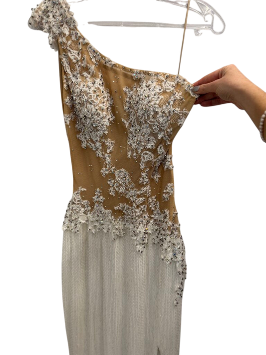 Sherri Hill White Liquied Beaded Lace Detail One Shoulder Long Formal Dress 6