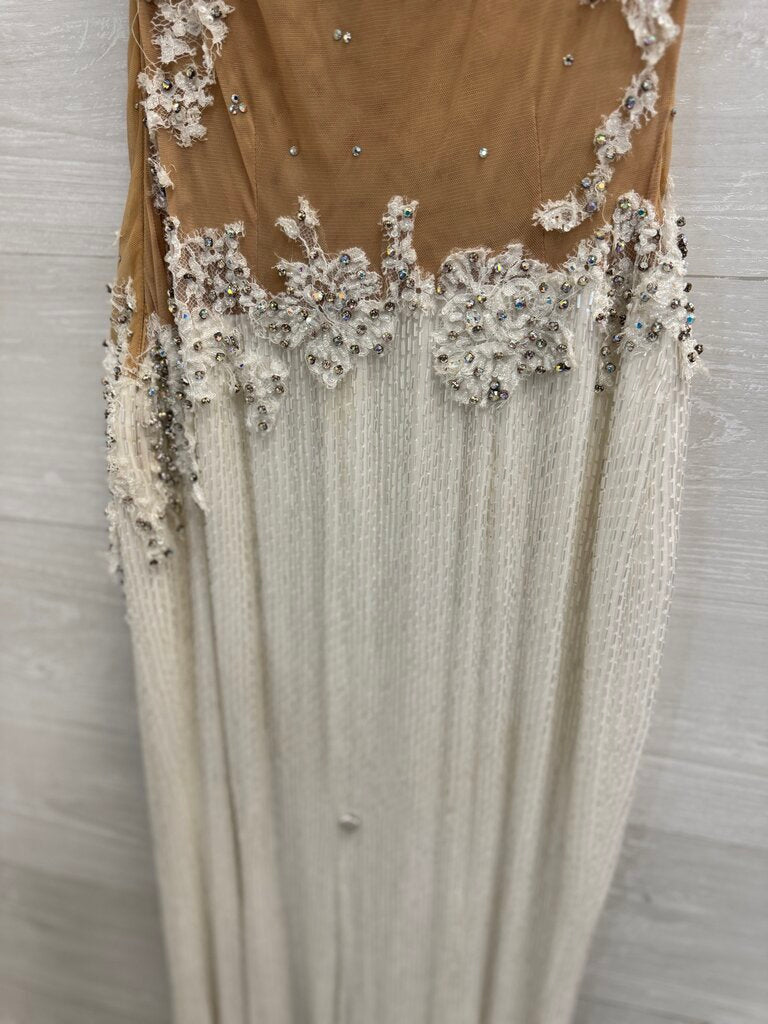 Sherri Hill White Liquied Beaded Lace Detail One Shoulder Long Formal Dress 6