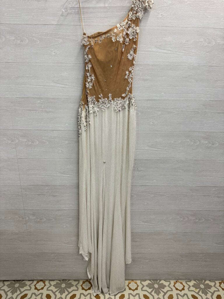 Sherri Hill White Liquied Beaded Lace Detail One Shoulder Long Formal Dress 6