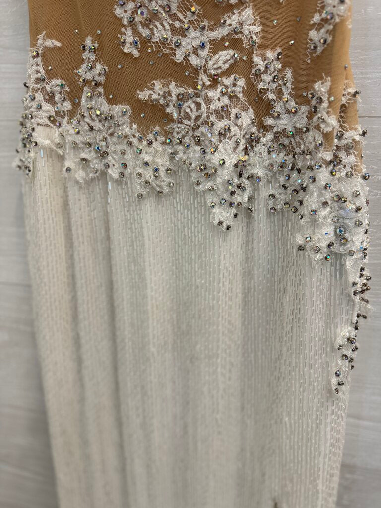 Sherri Hill White Liquied Beaded Lace Detail One Shoulder Long Formal Dress 6