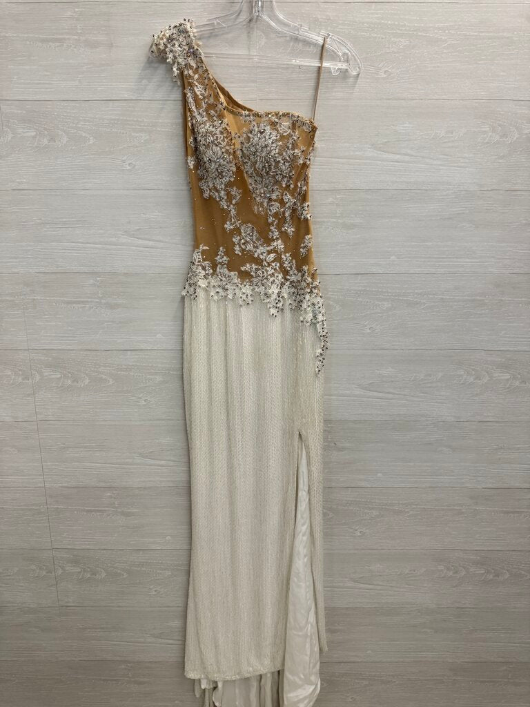 Sherri Hill White Liquied Beaded Lace Detail One Shoulder Long Formal Dress 6