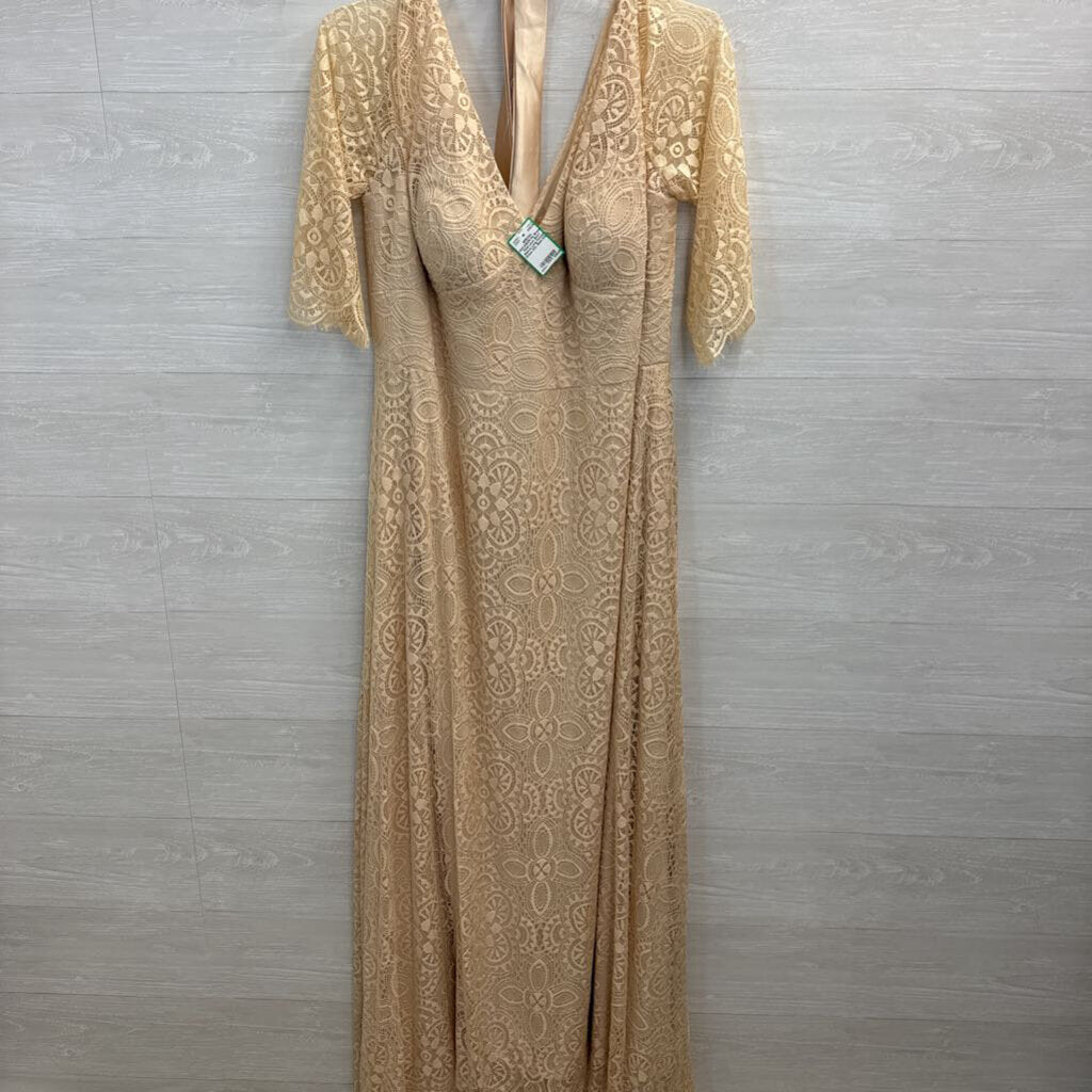 Gold Lace Short Sleeve Long Formal Dress XXL