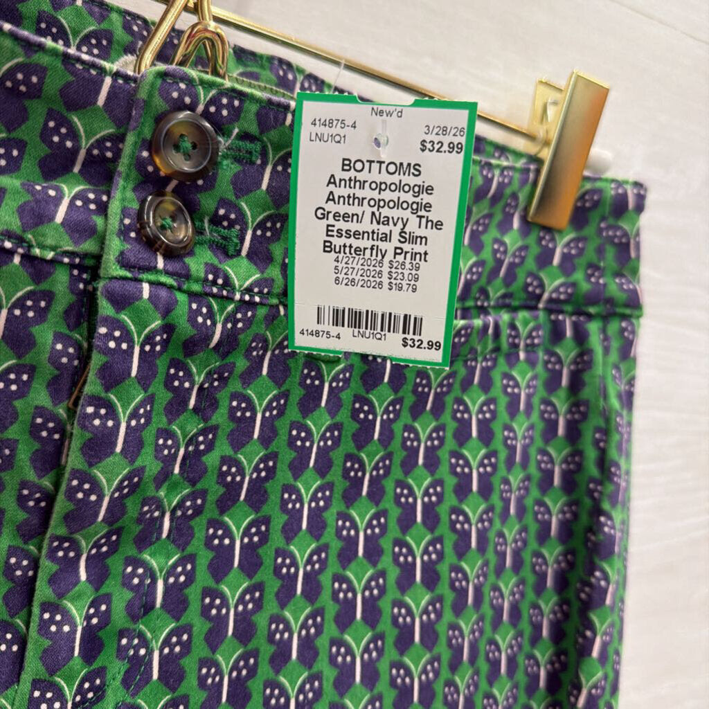 Anthropologie Green/ Navy The Essential Slim Butterfly Print Trouser Pants 0