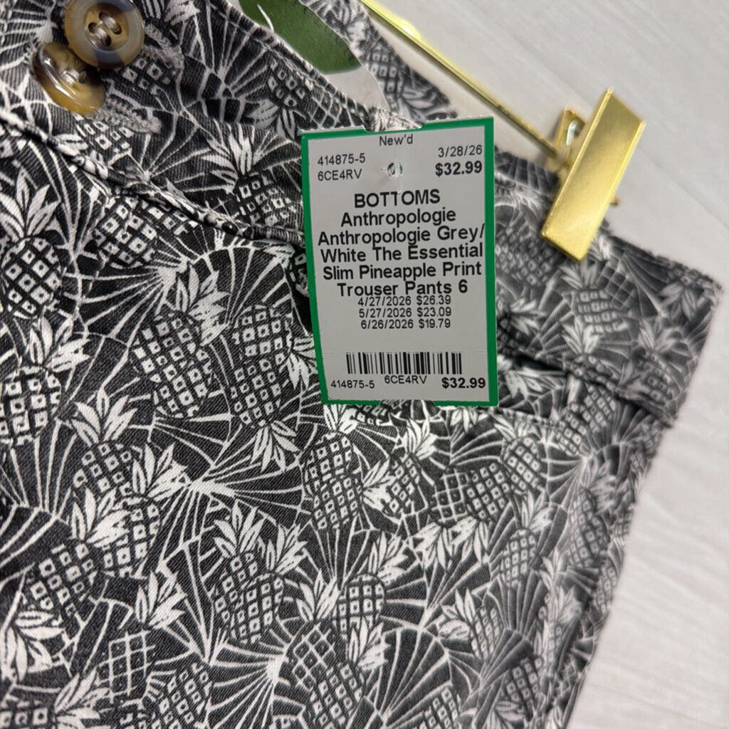 Anthropologie Grey/ White The Essential Slim Pineapple Print Trouser Pants 6
