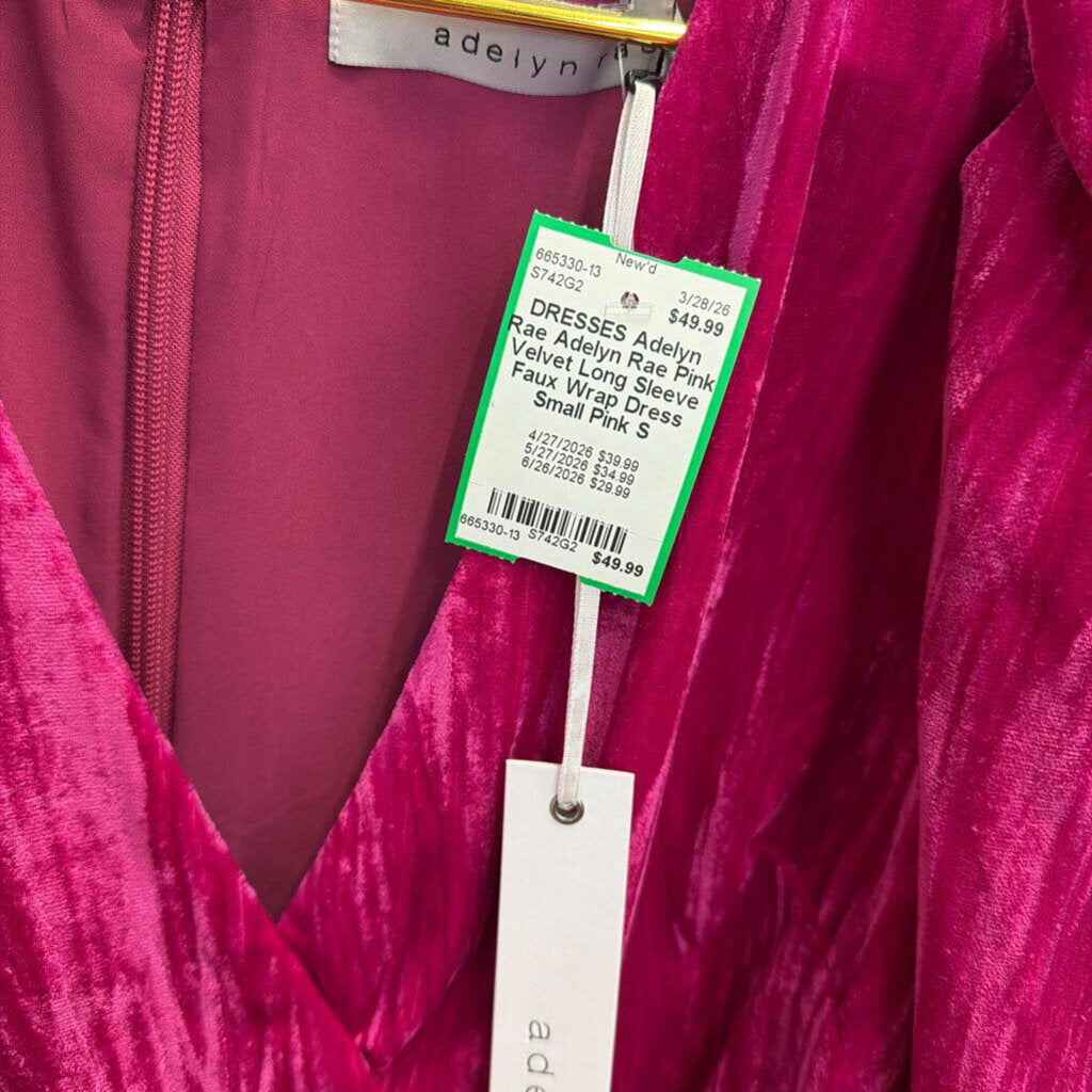Adelyn Rae Pink Velvet Long Sleeve Faux Wrap Dress Small