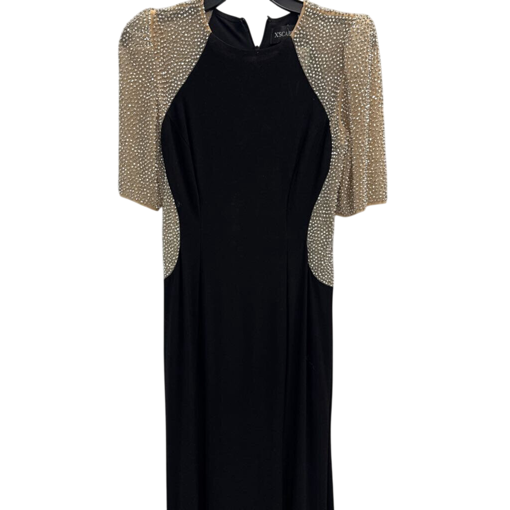 Xscape Black/ Silver Beaded Short Sleeve Long Formal Dress 8 Petite