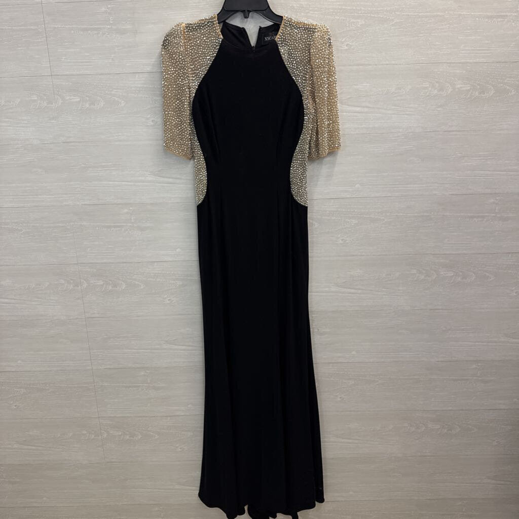 Xscape Black/ Silver Beaded Short Sleeve Long Formal Dress 8 Petite