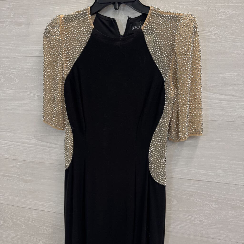 Xscape Black/ Silver Beaded Short Sleeve Long Formal Dress 8 Petite