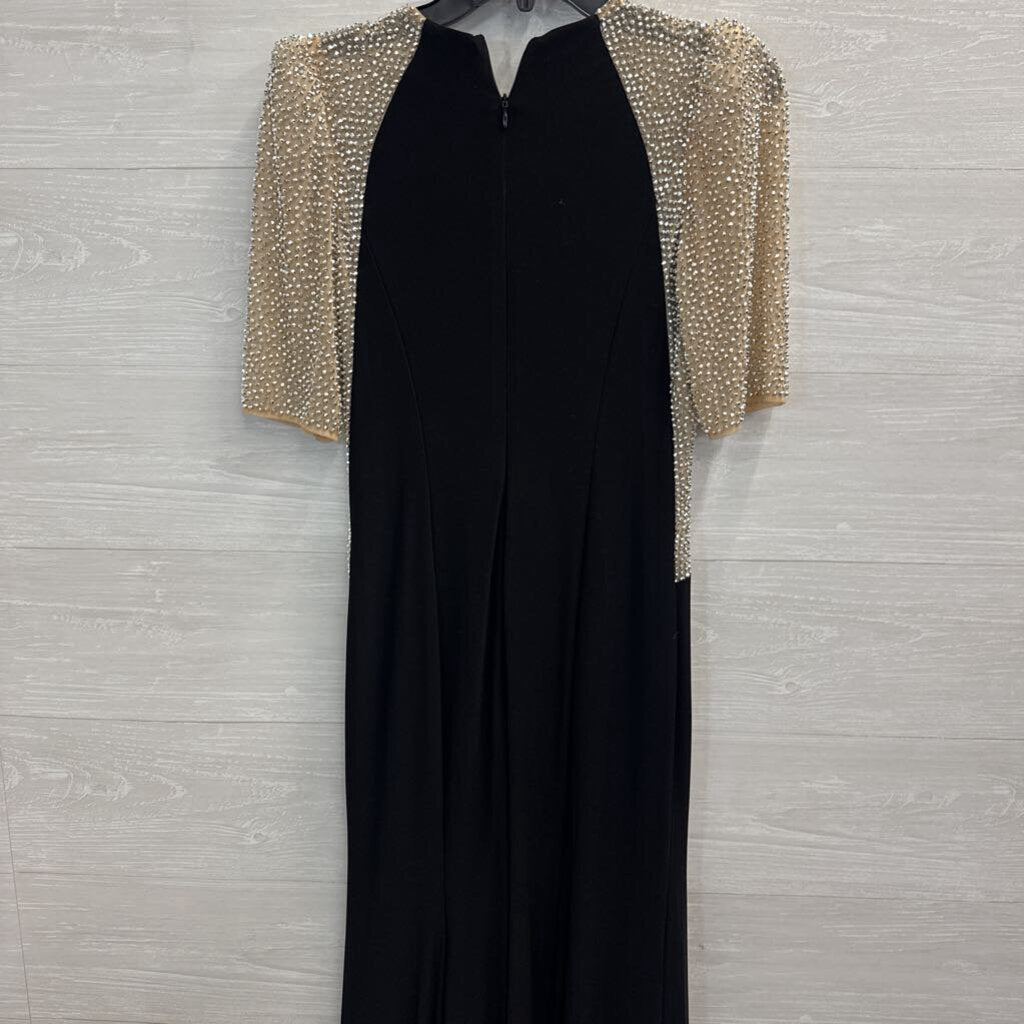 Xscape Black/ Silver Beaded Short Sleeve Long Formal Dress 8 Petite