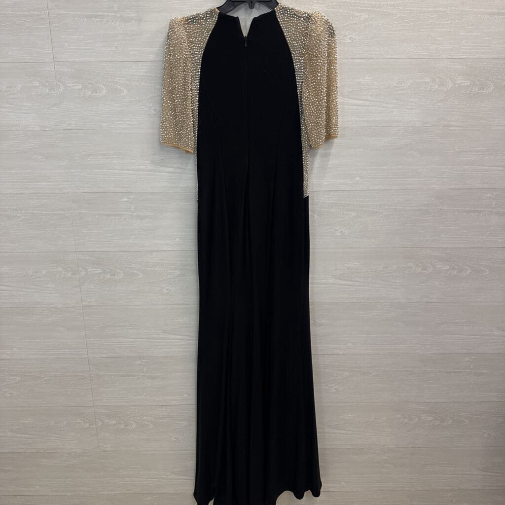 Xscape Black/ Silver Beaded Short Sleeve Long Formal Dress 8 Petite