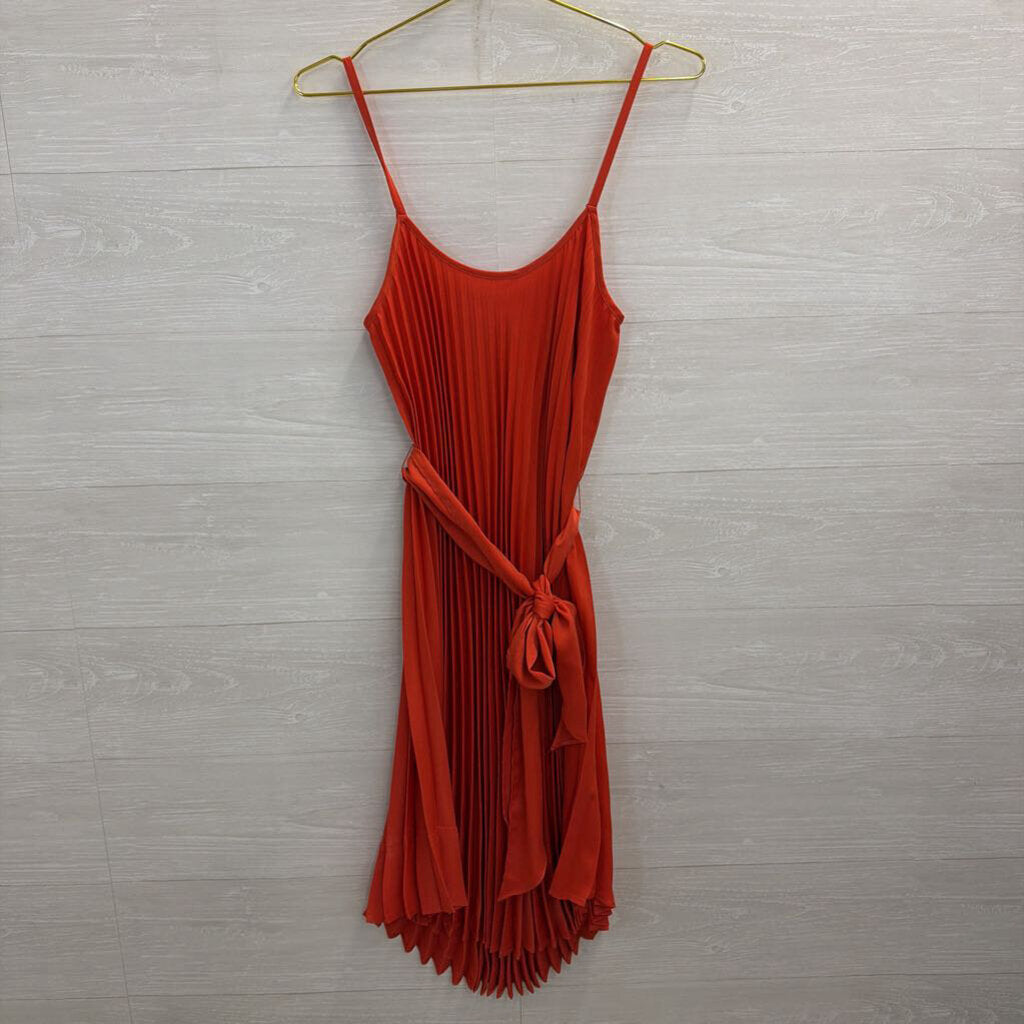Xirena Orange Pleated Tie Waist Midi Dress Extra Small