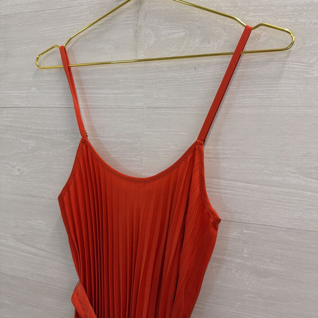 Xirena Orange Pleated Tie Waist Midi Dress Extra Small