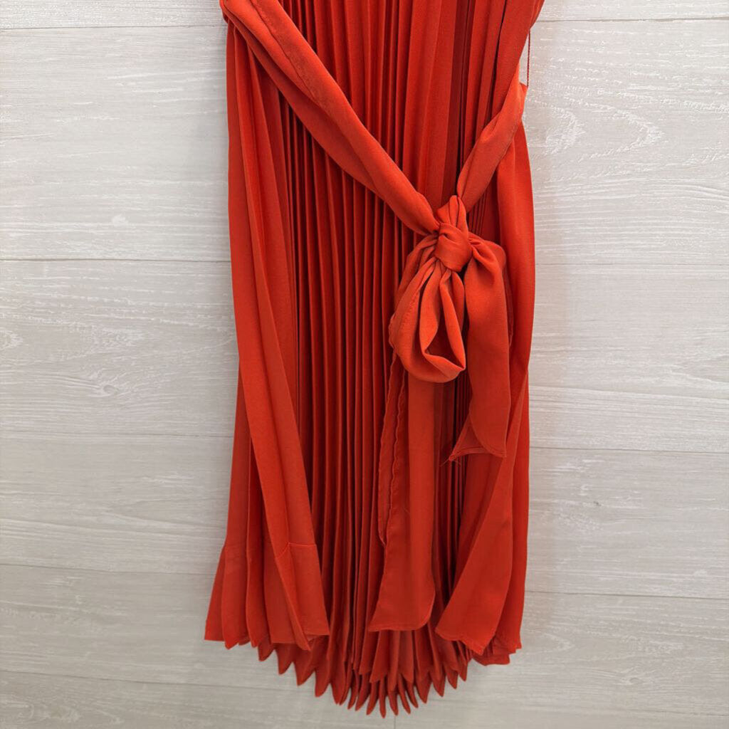 Xirena Orange Pleated Tie Waist Midi Dress Extra Small