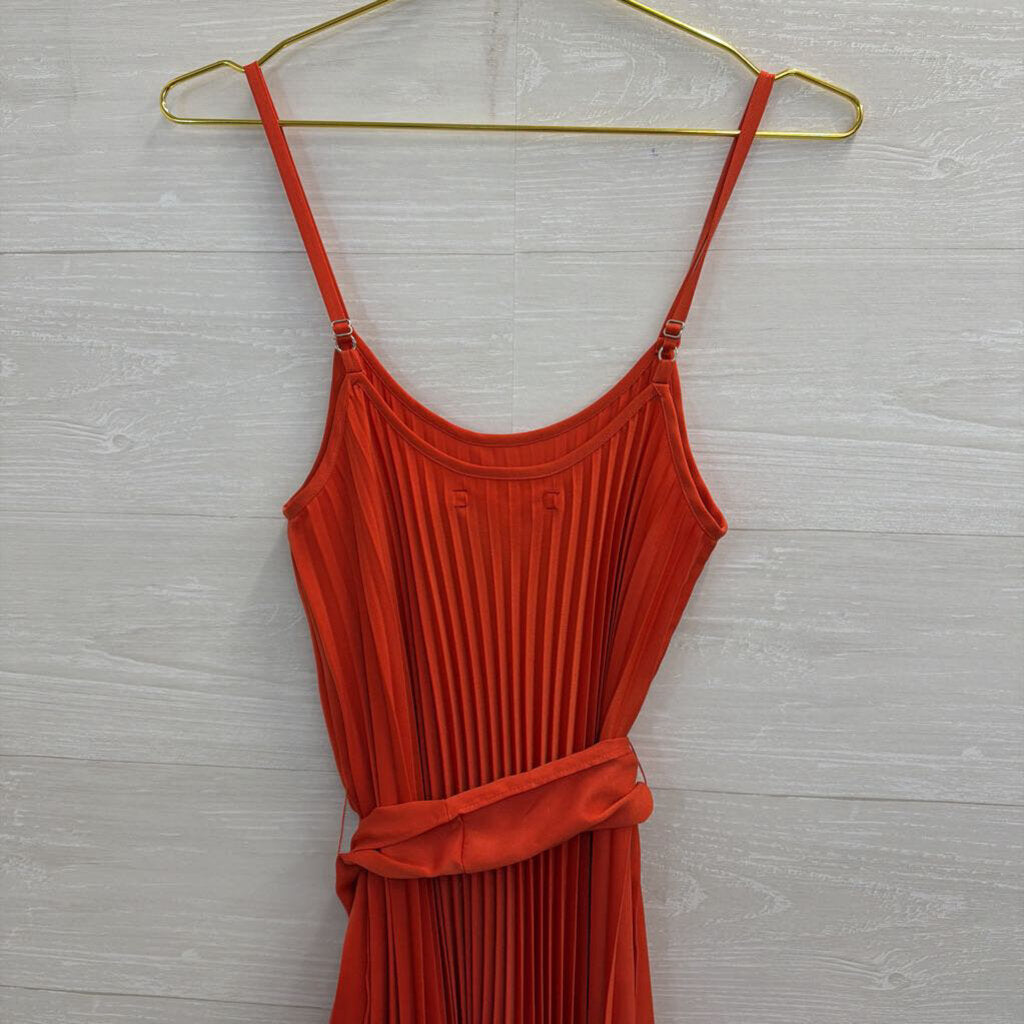 Xirena Orange Pleated Tie Waist Midi Dress Extra Small