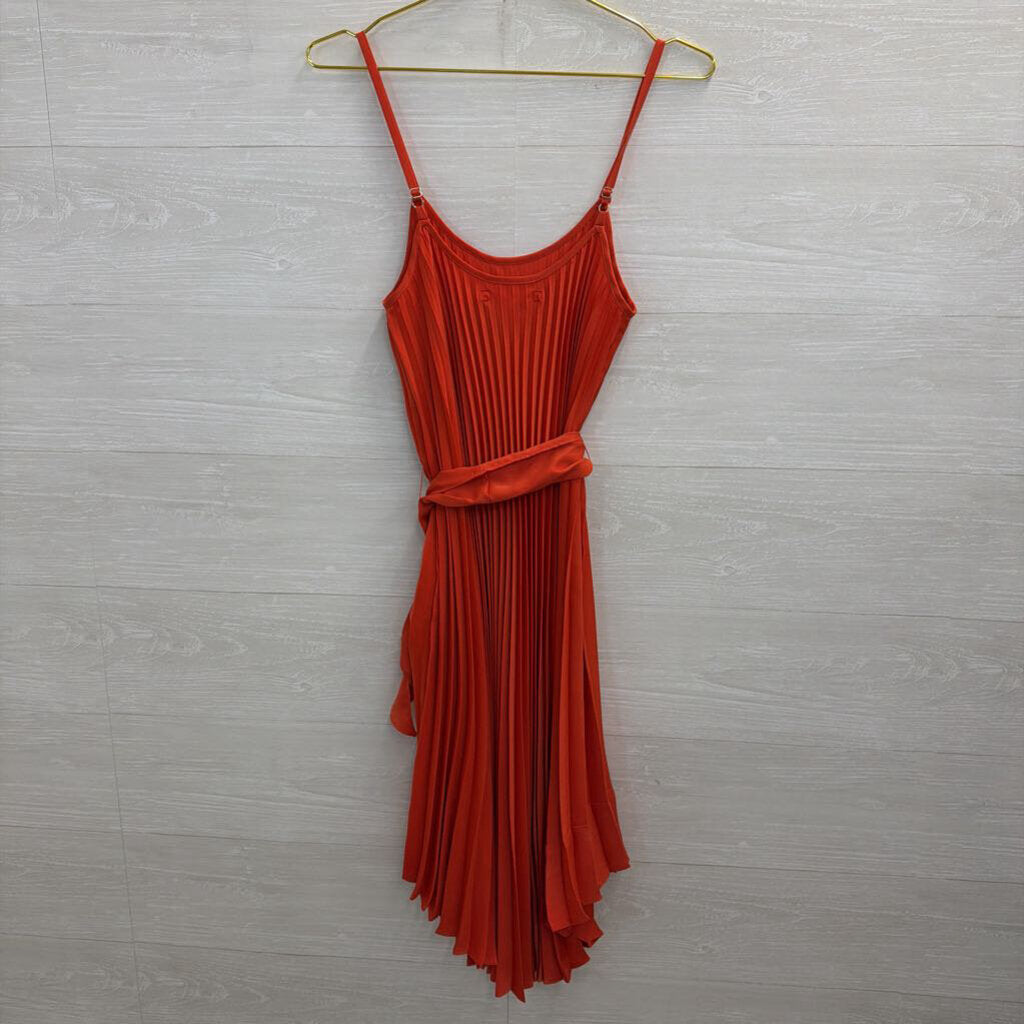 Xirena Orange Pleated Tie Waist Midi Dress Extra Small