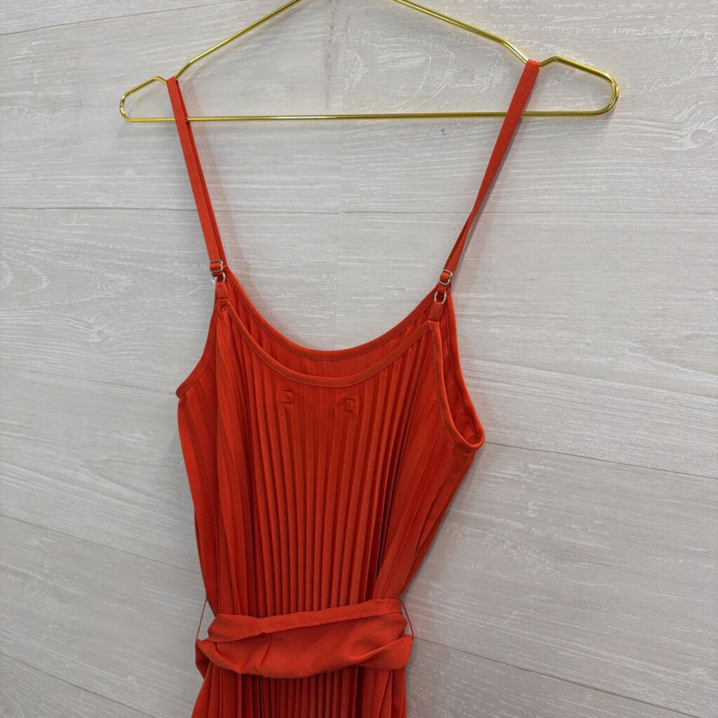 Xirena Orange Pleated Tie Waist Midi Dress Extra Small