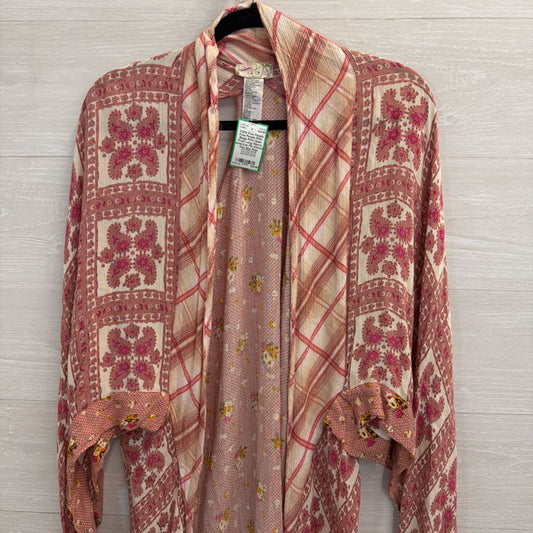 Free People Pink/ Beige Print Open Front Long Sleeve American Pie Kimono One Size