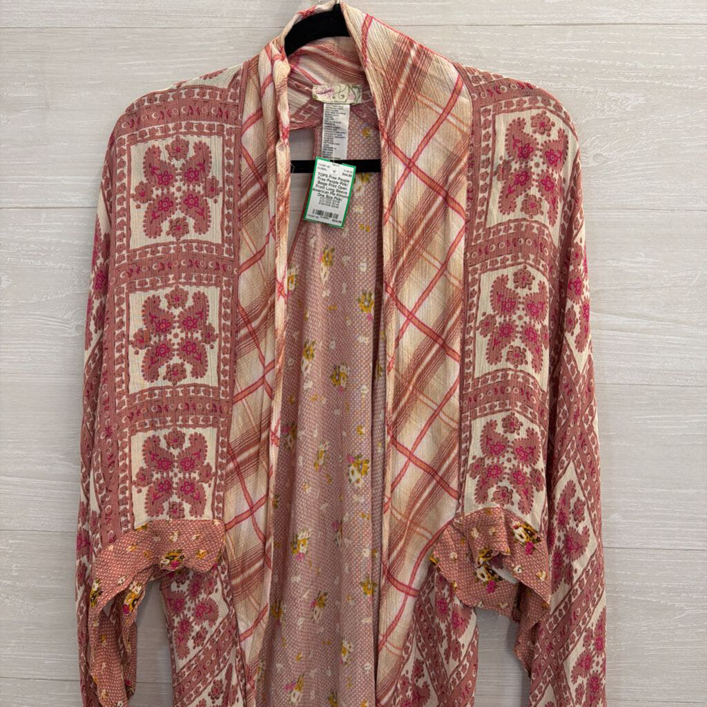 Free People Pink/ Beige Print Open Front Long Sleeve American Pie Kimono One Size