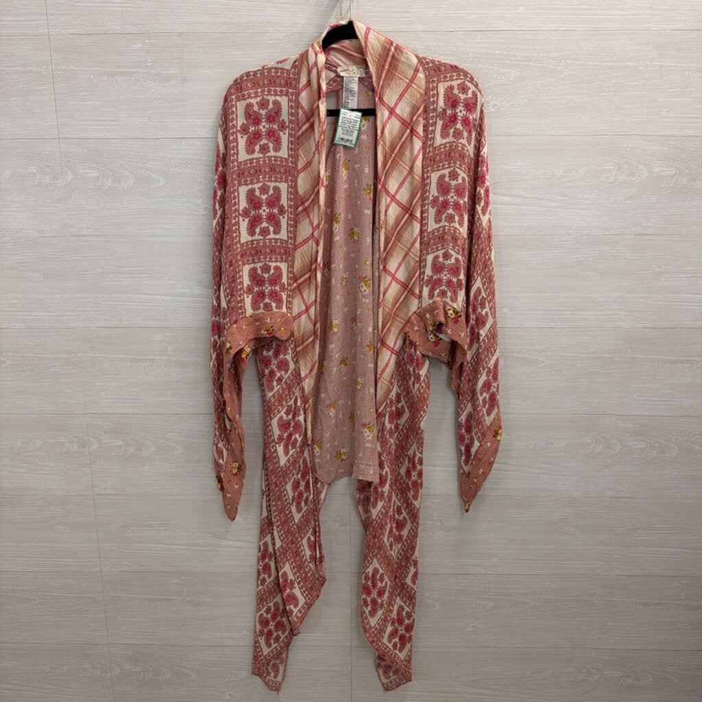 Free People Pink/ Beige Print Open Front Long Sleeve American Pie Kimono One Size
