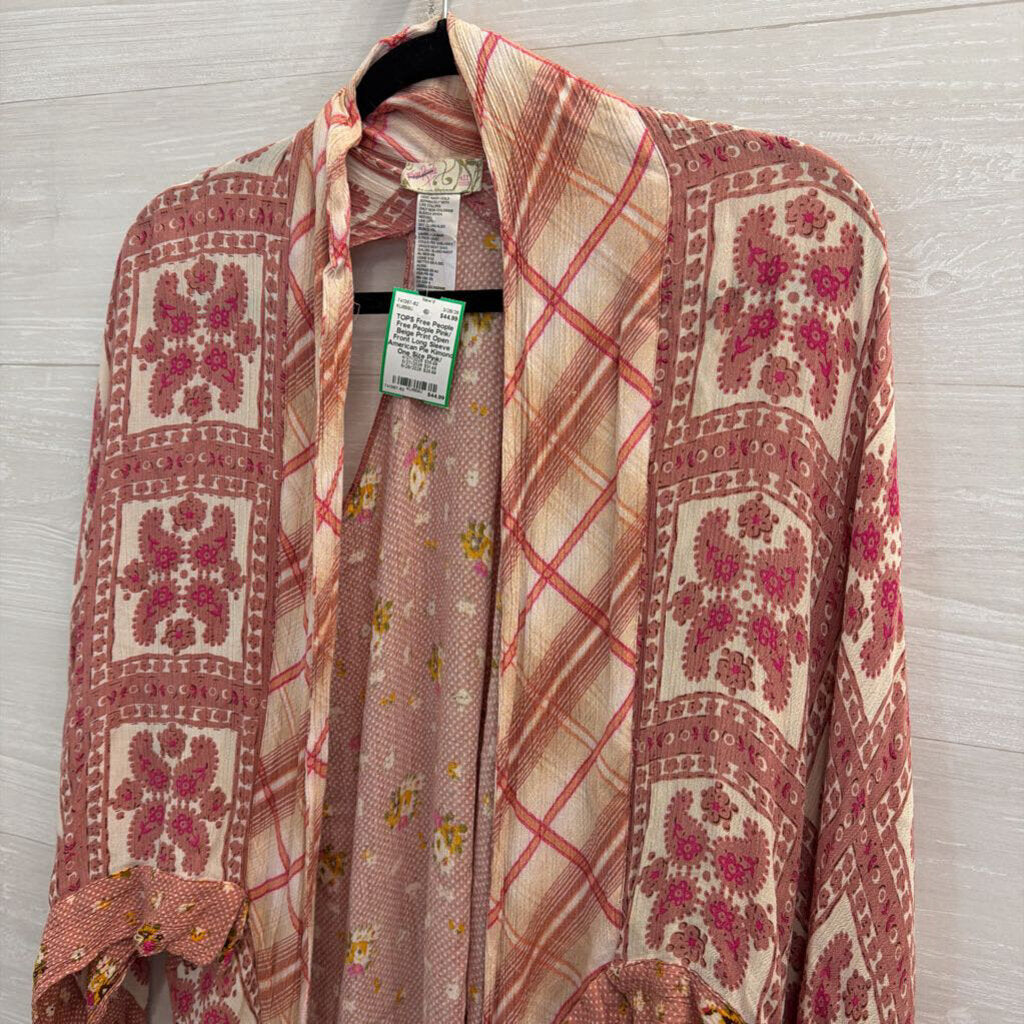 Free People Pink/ Beige Print Open Front Long Sleeve American Pie Kimono One Size