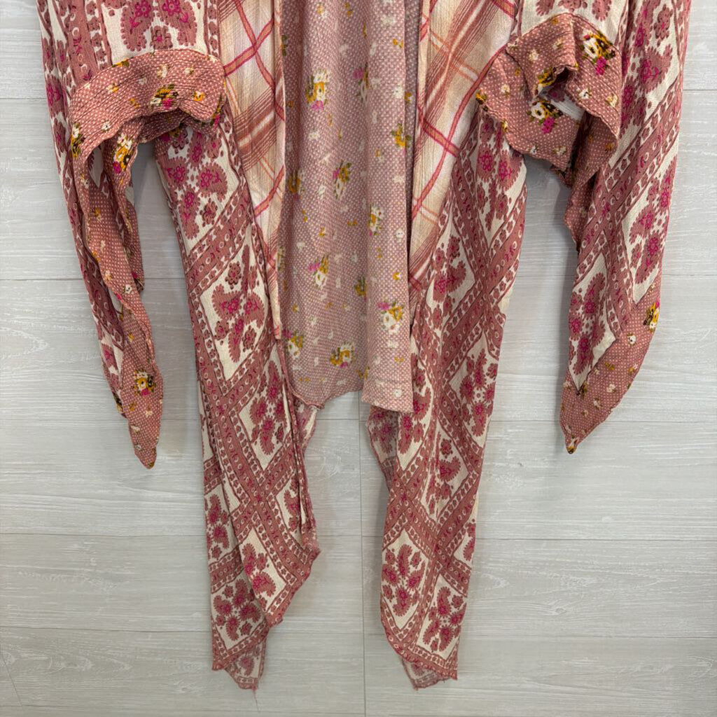 Free People Pink/ Beige Print Open Front Long Sleeve American Pie Kimono One Size