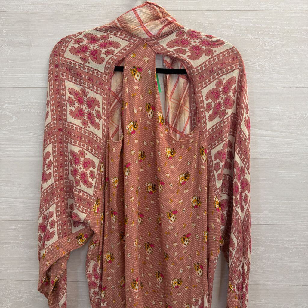 Free People Pink/ Beige Print Open Front Long Sleeve American Pie Kimono One Size