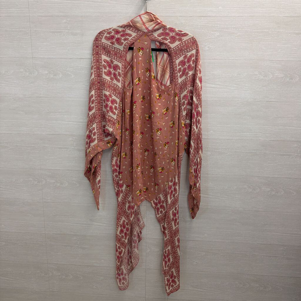 Free People Pink/ Beige Print Open Front Long Sleeve American Pie Kimono One Size