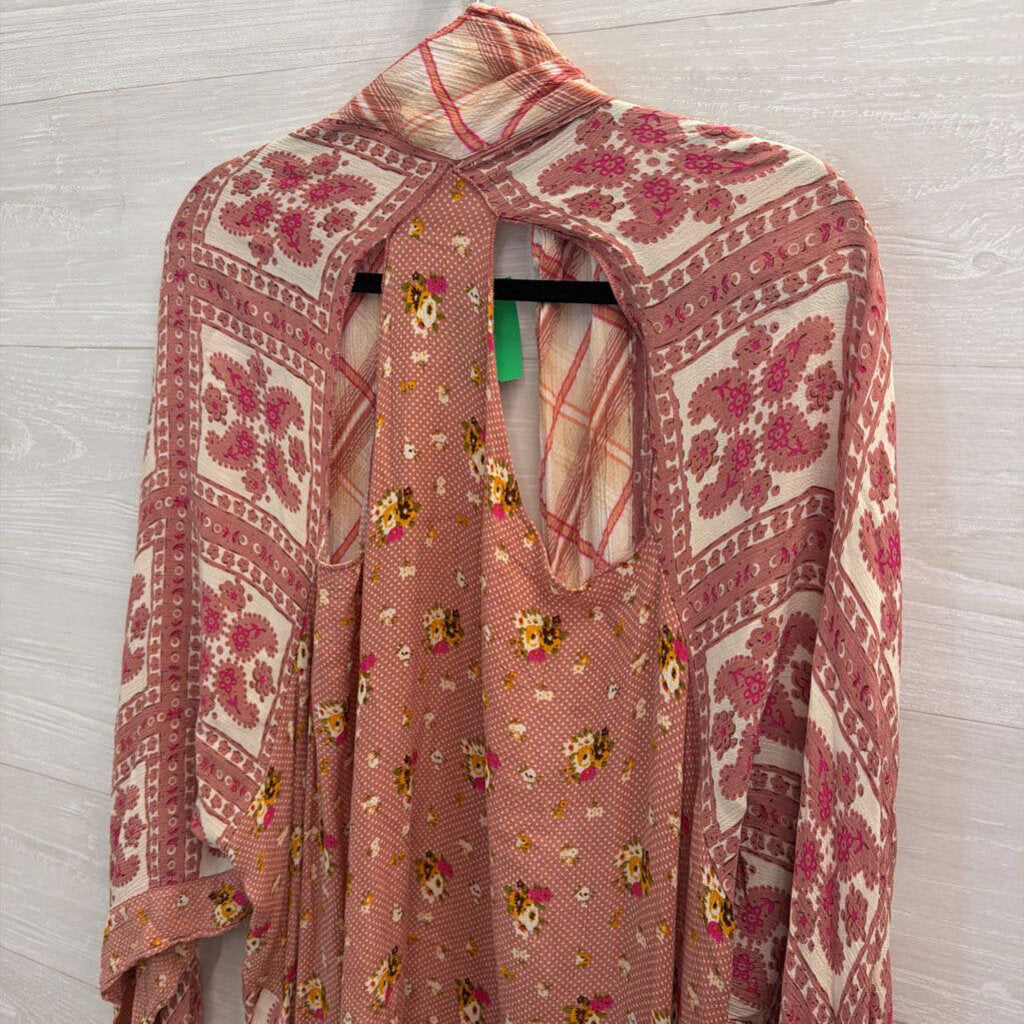 Free People Pink/ Beige Print Open Front Long Sleeve American Pie Kimono One Size
