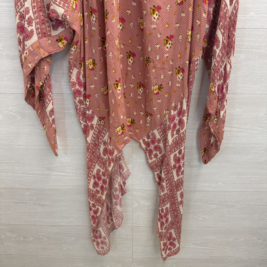 Free People Pink/ Beige Print Open Front Long Sleeve American Pie Kimono One Size