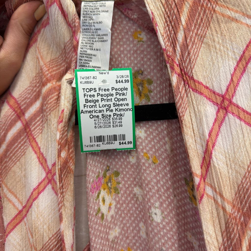 Free People Pink/ Beige Print Open Front Long Sleeve American Pie Kimono One Size
