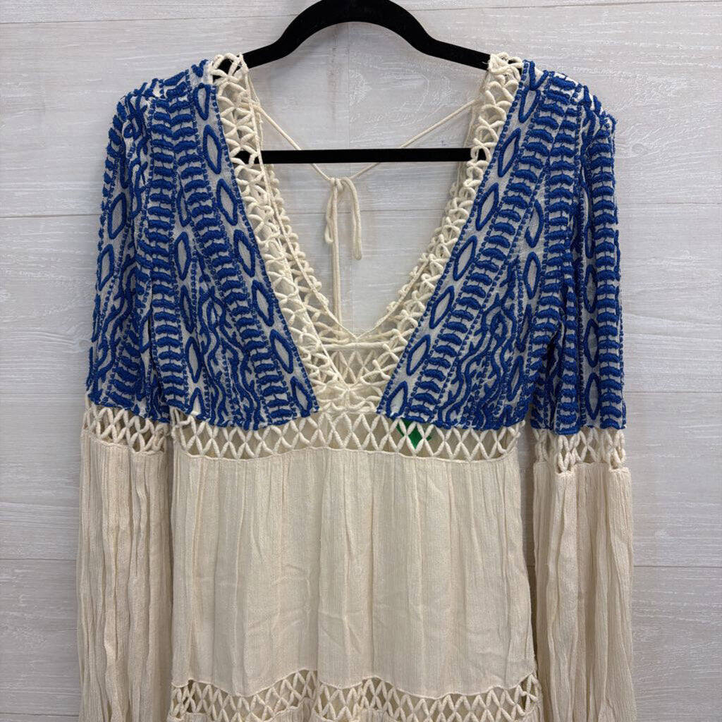 Free People Cream/ Blue Embroidered Long Sleeve Dust Till Dawn Dress 4