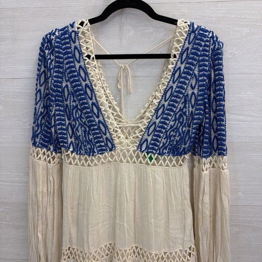 Free People Cream/ Blue Embroidered Long Sleeve Dust Till Dawn Dress 4