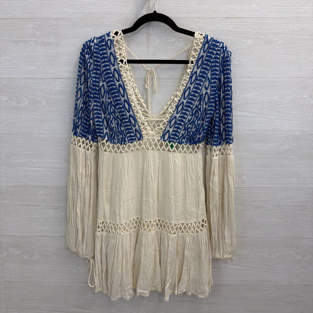 Free People Cream/ Blue Embroidered Long Sleeve Dust Till Dawn Dress 4
